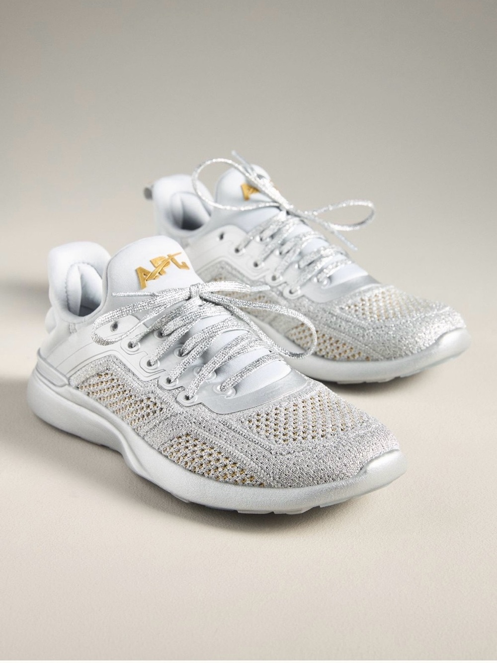APL Women's Silver Knit Lace-Up Sneaker with Gold Logo
